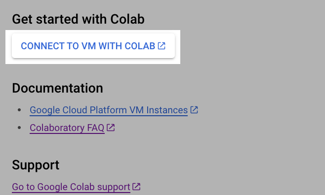 A screenshot of Google Compute Engine Marketplace VM page, highlighting a link which connects Colab to the VM.