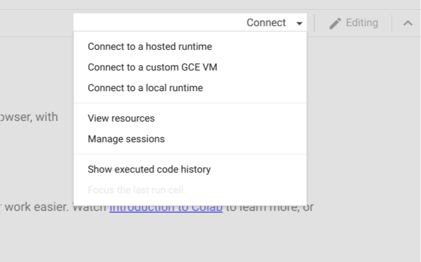 A screenshot of Colab highlighting the connect button's option to connect to a custom GCE VM